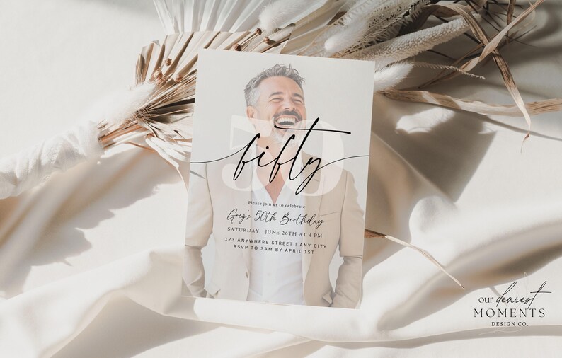 May include: A rectangular birthday invitation card featuring a photograph of a smiling person in a beige blazer. The text reads fifty, Please join us to celebrate, Greg's 50th Birthday, Saturday, June 26th at 4 PM, 123 Anywhere Street, Any City, RSVP to Sam by April 1st.