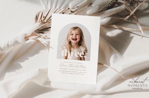 Editable Third Birthday Invitation 3rd Birthday Party Invite Minimalist Boho 3 rd Boy Birthday Girl Birthday Instant Digital Download Three