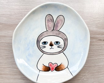 Ceramics handmade plates with cat painting