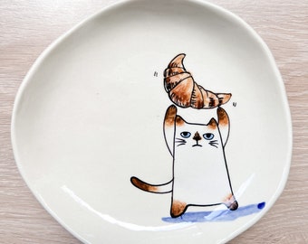 Ceramics handmade plates with cat painting