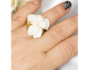 White Rose Ring Floral Resin Ring Gold Tone Cottagecore Flower Ring