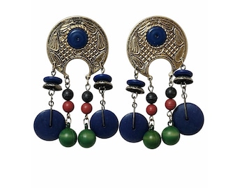 Vintage Colorful Acrylic Bead Tribal Statement Earrings Gold Tone Boho 80s