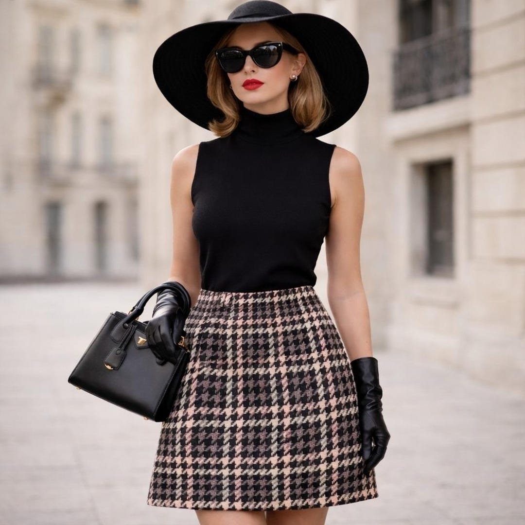 Elegant Black and Cream Houndstooth Mini Skirt - Etsy