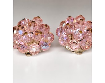 Vintage Pearlcraft Pink Crystal Cluster Clip On Earrings AB Beaded 1950s Glam