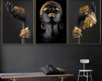 3pcs African Woman Wall Painting Art Posters And Prints Big Black Woman Holding Golden Jewelry Canvas Picture For Living Room Decor No Frame