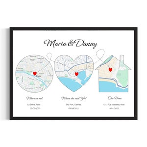 Impression de carte personnalisée, carte de mariage, fiançailles et rencontre, emplacement personnalisé, anniversaire de mariage, carte personnalisée minimale, carte de la ville de résidence, lieu où tout a commencé