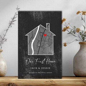 Toile Notre première maison, carte personnalisée personnalisée, cadeau pour jeunes mariés, cadeau de clôture, impression de carte pour agent immobilier, cadeau de fiançailles ou d'anniversaire