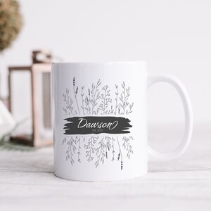 Personalised Family Name Mug, Black Initial Name Cottage Core Mug, Custom Housewarming Present, Black and White Last Name Coffee Mug