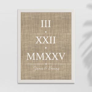 Stampa personalizzata con data in numeri romani con cornice, regalo di nozze unico, tipografia, regalo di anniversario personalizzato per lui, regalo di nozze per coppia