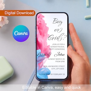 Gender Reveal Ecard, Custom Blue or Pink Smoke Gender Reveal Electronic Invitation, Editable Digital Download, Baby Shower Evite Template