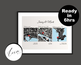 Met Engaged Wedding Map, Personalised Map Print, Custom Location Anniversary Minimal Custom Map, Print with 3 maps, Where it all began
