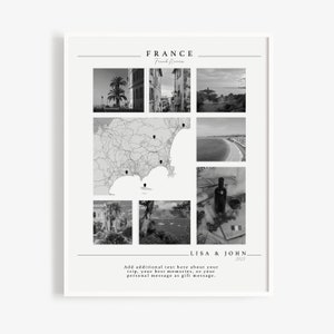 Souvenirs de voyage monochromes personnalisés, affiche de voyage personnalisée, art mural d’aventure, cadeau d’impression d’art photo de vacances, collage de photos imprimables