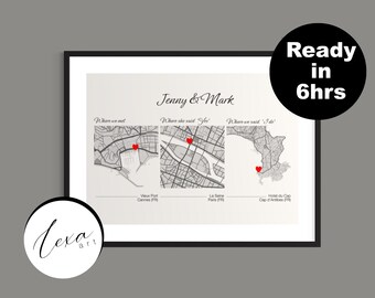Met Engaged Wedding Map, Personalised Map Print, Custom Location Anniversary Minimal Custom Map, Print with 3 maps, Where it all began