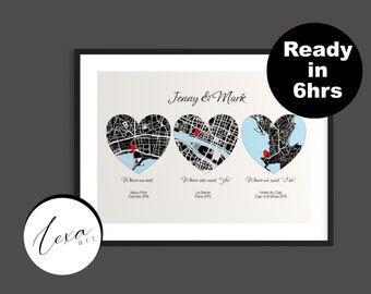 Met Engaged Wedding Map, Personalised Map Print, Custom Location Anniversary Minimal Custom Map, Print with 3 maps, Where it all began