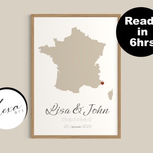 Impression de carte de mariage personnalisée, carte mariée emplacement personnalisé anniversaire minimal notre histoire carte personnalisée, carte de la ville natale, là où tout a commencé