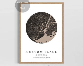 Custom Beige City Map Print, Personalized Location Art, Modern Round Map Wall Decor