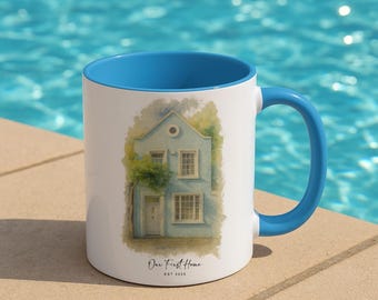 Caneca com retrato de casa, pintura digital de casa, presente de inauguração, caneca "Nossa primeira casa", caneca de aquarela "Lar doce lar", presente de encerramento de corretor imobiliário