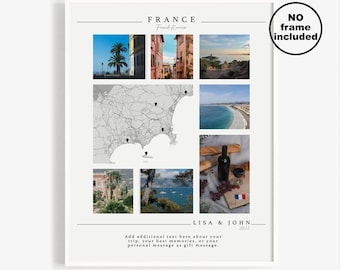 May include: A printable travel poster featuring a map of France with pins marking locations, photos of the French Riviera, and the text "FRANCE French Riviera LISA & JOHN 2023".