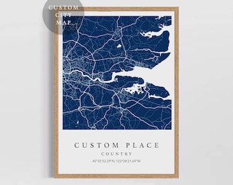 Personalized Blue Map Art, Custom Location Poster, Modern City Map Print, Minimal Wall Art, Coordinates Decor, Travel Memory Gift