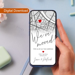 Scheda digitale con annuncio di trasloco personalizzato, cartolina elettronica personalizzata con nuovo indirizzo, scheda elettronica personalizzata Stiamo traslocando, annuncio sui social media,