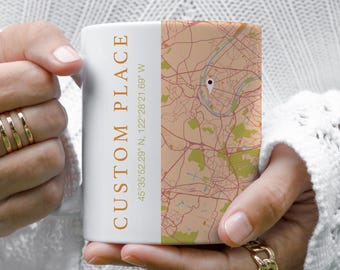 Personalisierte Karte Tasse, Benutzerdefinierte Koordinaten Tasse, Geschenk für die Stadt, Reise-Erinnerungsbecher, minimalistische Karte, Jubiläumsgeschenk, Housewarming Geschenk