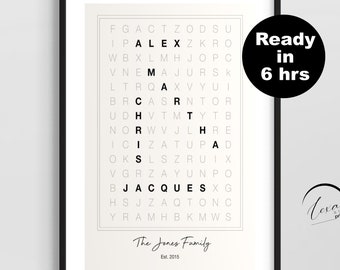 May include: Black and white printable wall art featuring a word search puzzle with the names "Alex", "Martha", "Chris", "Jacques", and "The Jones Family" printed on a white background.