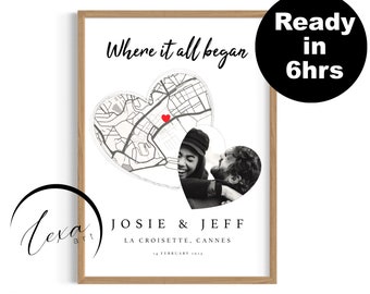 May include: A black and white photo of a couple in a heart shape, superimposed on a map of La Croisette, Cannes, France. The text "Where it all began" is at the top of the image. The text "JOSIE & JEFF" is below the photo, followed by "LA CROISETTE, CANNES" and "14 FEBRUARY 2021".
