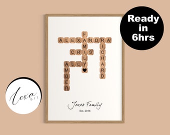 Personalised Family Crossword Puzzle Wall Art, Wood Family Names Sign, Housewarming Gift, Gift for the Home, Personalized Family Tree