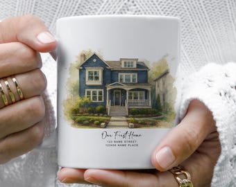 Caneca com retrato personalizado, xícara de café personalizada para casa, presente para novos proprietários, presente de encerramento de negócio para corretores de imóveis, utensílios para bebidas em aquarela para casa de família