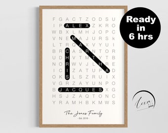 May include: Framed family name art with a word search design. The names ALEX, MAX, CHRIS, and JACQUES are highlighted in black. The text "The Jones Family - Est. 2018" is at the bottom. A black circle says "Ready in 6 hrs".