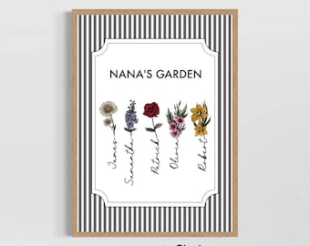 Family Flower Art, Custom Garden Decor, Personalized Nana Gift, Floral Wall Print