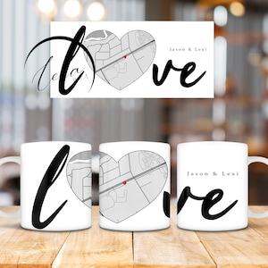 Tasse à café personnalisée Love Map, cadeau personnalisé pour couples, carte noir et blanc, où nous nous sommes rencontrés, premier baiser, cadeau d’anniversaire, tasse souvenir