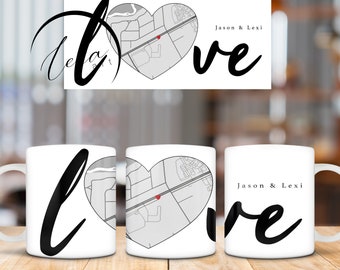 Custom Love Map Coffee Mug, Personalized Couples Gift, Black and White Map, Where we Met, First Kiss, Anniversary Present, Keepsake Mug