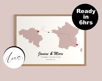 May include: A printable map of Belgium and France with a dotted line connecting the two countries. The map is in shades of pink and white with red hearts marking the starting and ending points of the journey. The text "Janine & Marc" is printed below the map along with the phrase "From Belgium to the South of France".
