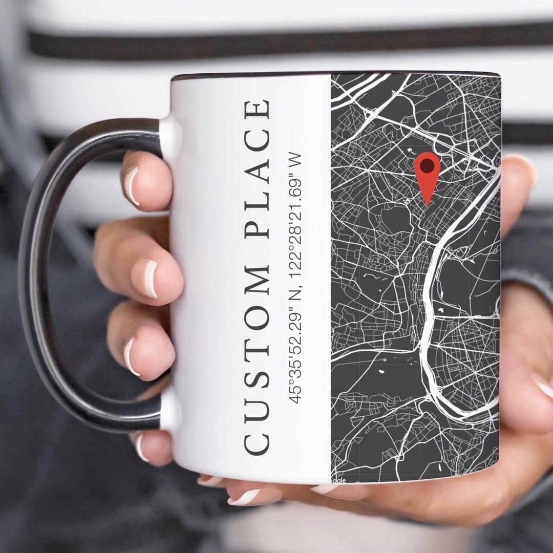 Custom Black Map Mug, Personalized Monochrome Location Mug, Coordinates ...
