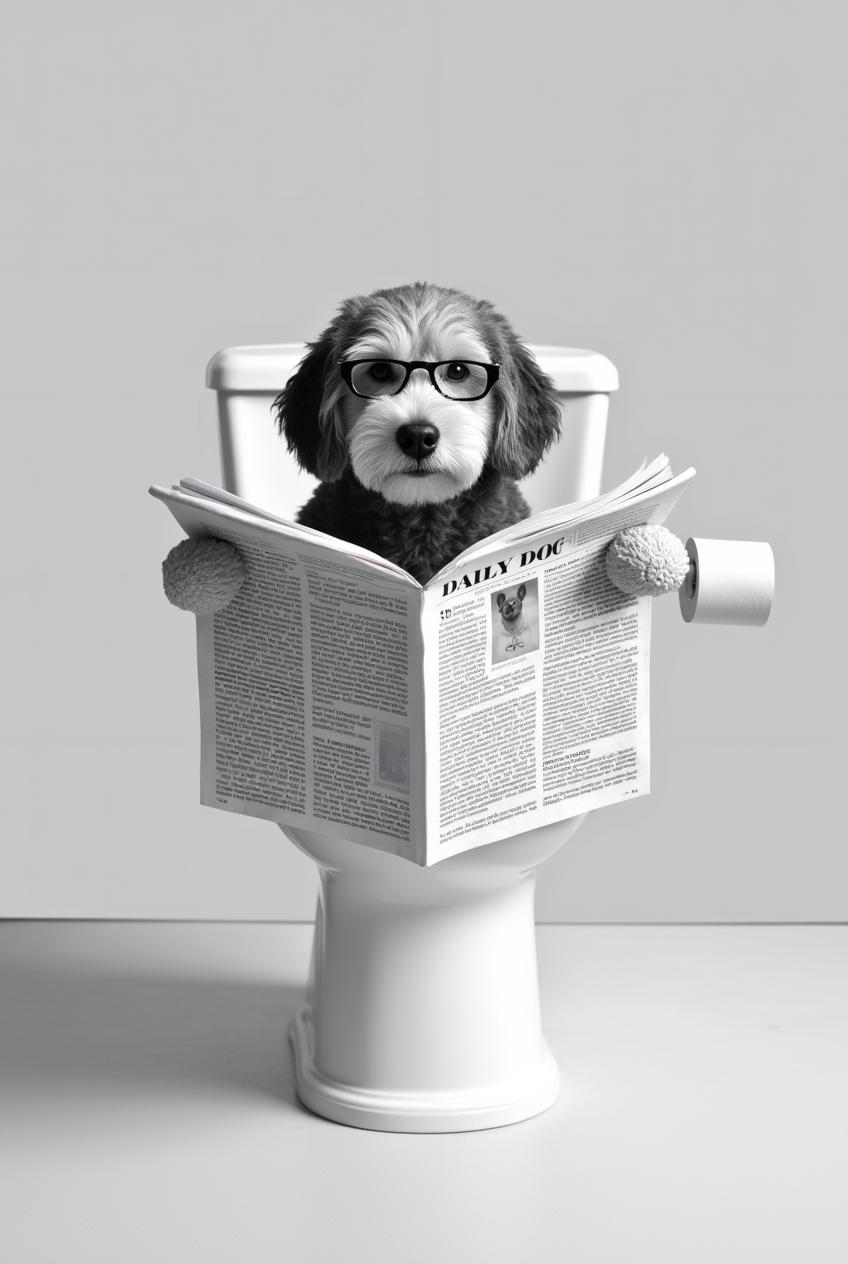 Custom Pet Portrait, Dog Bathroom Art, Funny Bathroom Poster, Dog in Toilet, Dog Reading Newspaper on Toilet, Pet Owner Gift
