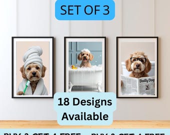 Custom Pet Portraits Set of 3, Funny Dog or Cat Portrait, Pet in Bathtub, Dog in Toilet, Personalized pet gift, Kids Bathroom Art, Dog Mom