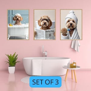 Custom Pet Portraits Set of 3 Greyscale Pet in Bathtub  Funny Bathroom Art Print Personalized Pet Dog Mom Gift Illustration Digital Files