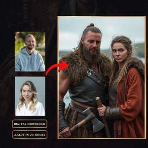 Wikingerpaar nach Foto, Wikingerpaar, Ragnar, Lagertha, Porträt vom Foto, historisches Porträt, Familienporträt