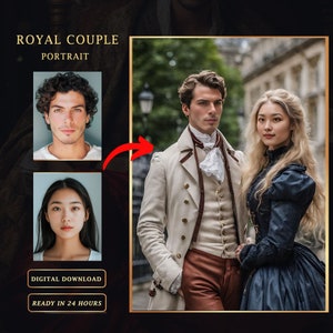 Retratos personalizados de reyes y reinas. Arte personalizado de pareja real. Historia de amor real ilustrada. Retratos majestuosos de pareja real.