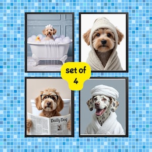 Custom Pet Portraits Set of 4, Funny Dog or Cat Portrait, Pet in Bathtub, Dog in Toilet, Personalized pet gift, Kids Bathroom Art, Dog Mom