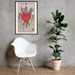 Three of Swords Tarot Card Art Print – Framed Wall Decor for Spiritual & Boho Interiors