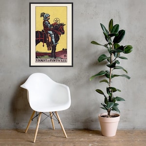 Knight of Pentacles Tarot Card Art Print – Framed Wall Decor for Spiritual & Boho Interiors