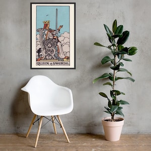 Queen of Swords Tarot Card Art Print – Framed Wall Decor for Spiritual & Boho Interiors