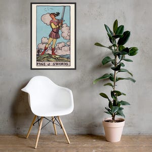 Page of Swords Tarot Card Art Print – Framed Wall Decor for Spiritual & Boho Interiors
