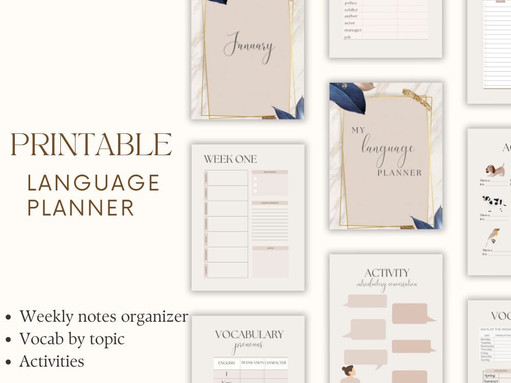 PRINTABLE Language Learning Planner, 500 Vocabulary words, Language Study Notebook, Activity Book, Language Planner