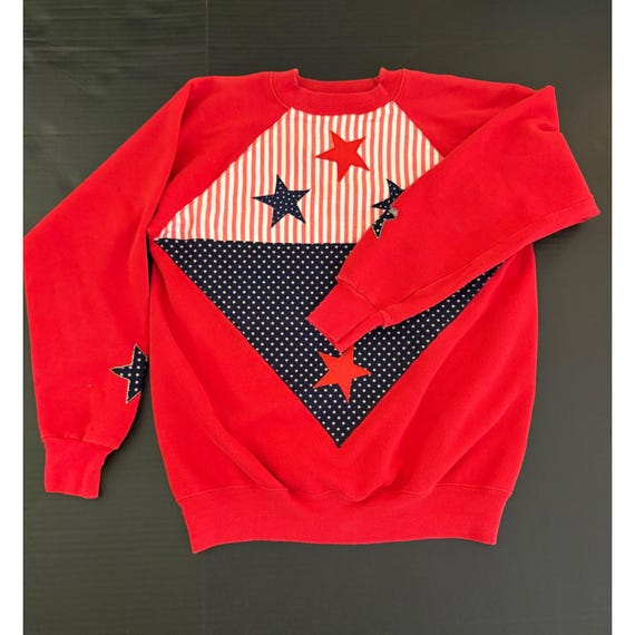 Vtg Americana Patriotic Crewneck Handmade Sweatshirt Quilt Block Stars Stripes