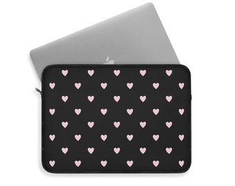 Housse noire pour ordinateur portable | Housse pour ordinateur portable Hearts, housse pour ordinateur portable pour femme, élégante housse pour ordinateur portable, housse noire pour ordinateur portable, accessoire de bureau chic, housse pour ordinateur portable