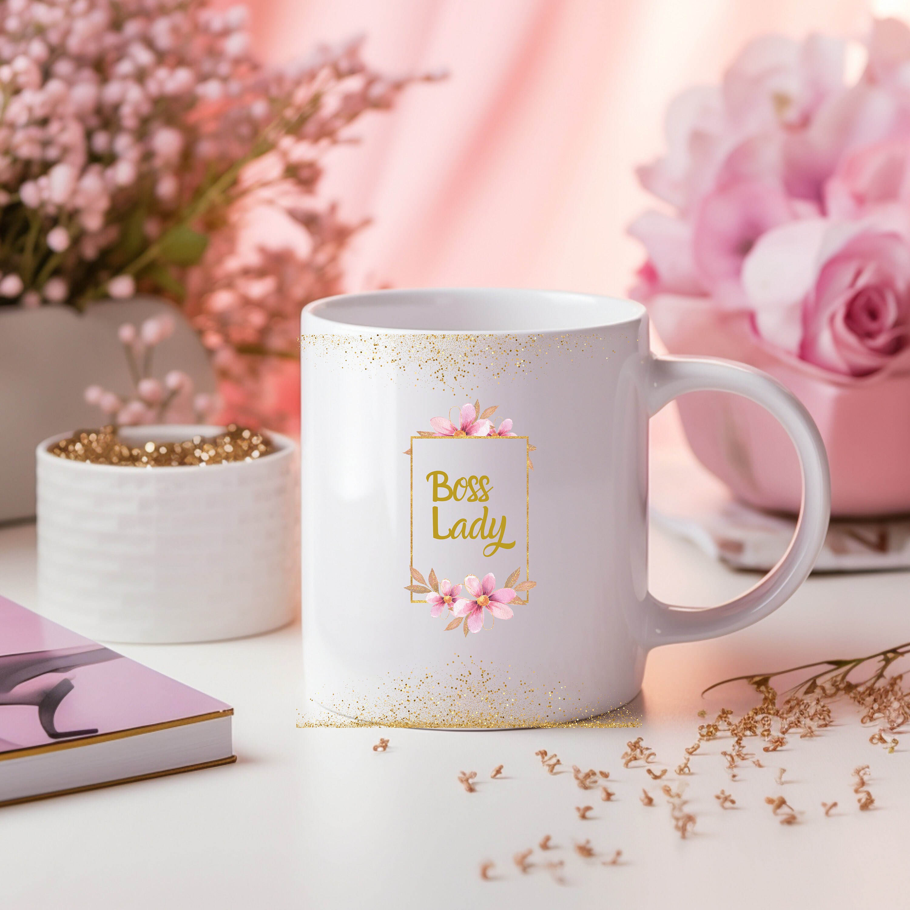 Boss Lady Coffee Mug Gift Set - 14 Oz Gray Marbled Ceramic Mug With Gold Spoon & Coaster