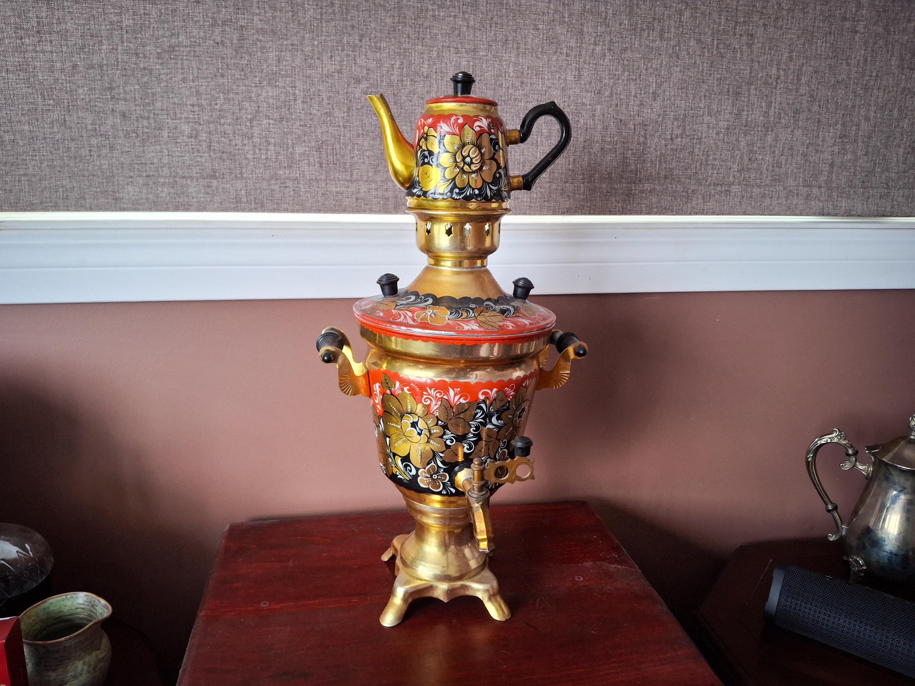 VINTAGE USSR SAMOVAR - Ukrainian 1981 Hand Painted Folk Gold Samovar ...